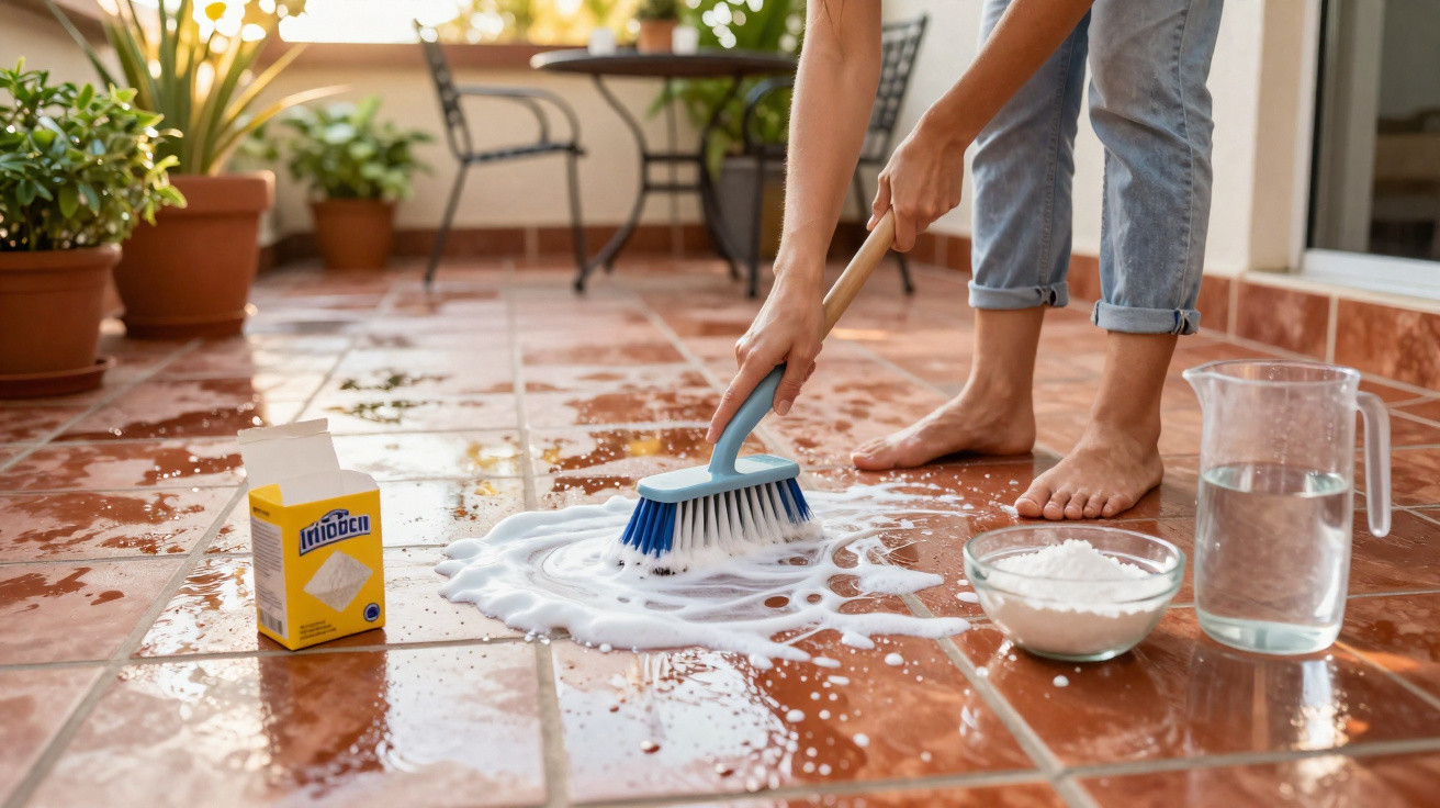 Pessoa a limpar chão de azulejos com escova, água, bicarbonato de sódio e vinagre numa varanda com plantas.