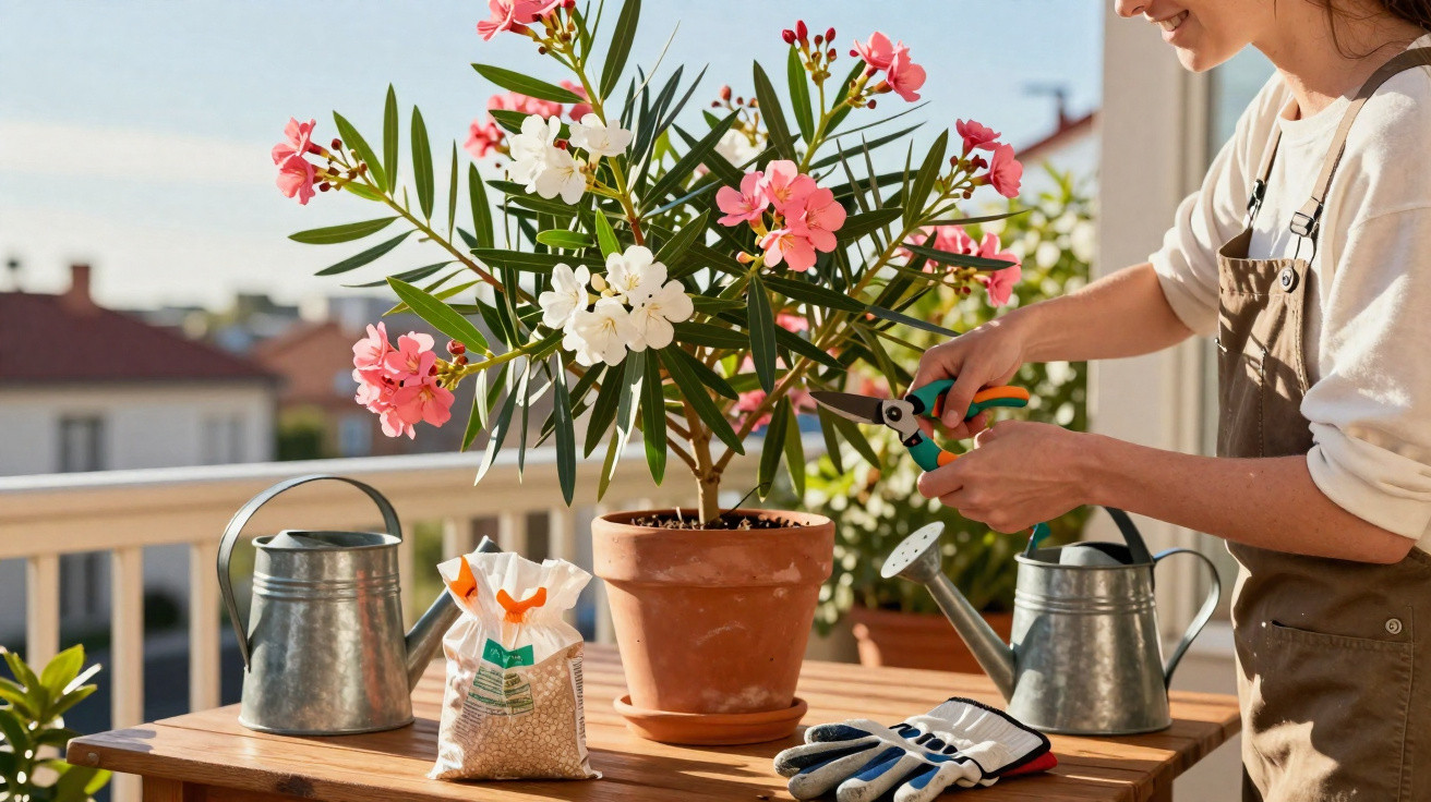 Pessoa a podar planta com flores cor-de-rosa e brancas numa varanda com regadores e luvas ao lado.