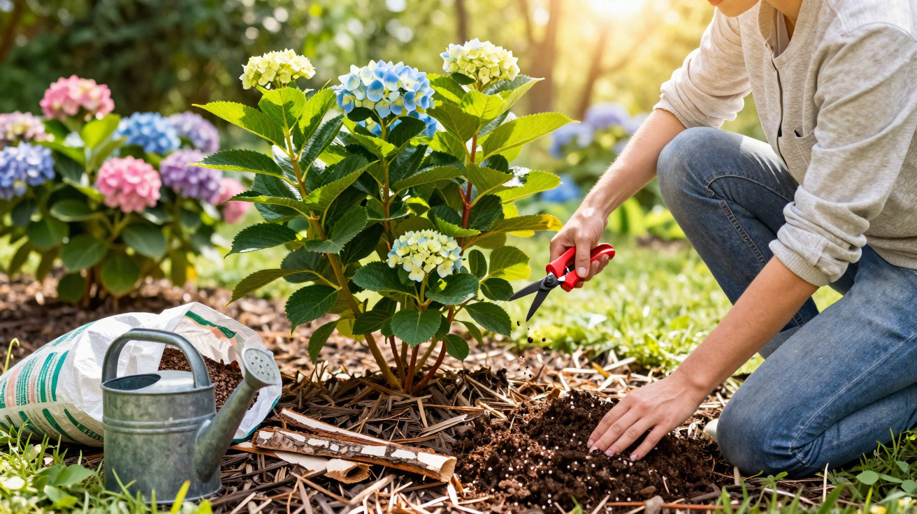 Pessoa a cuidar de planta com flores coloridas num jardim ensolarado, com regador e saco de terra ao lado.