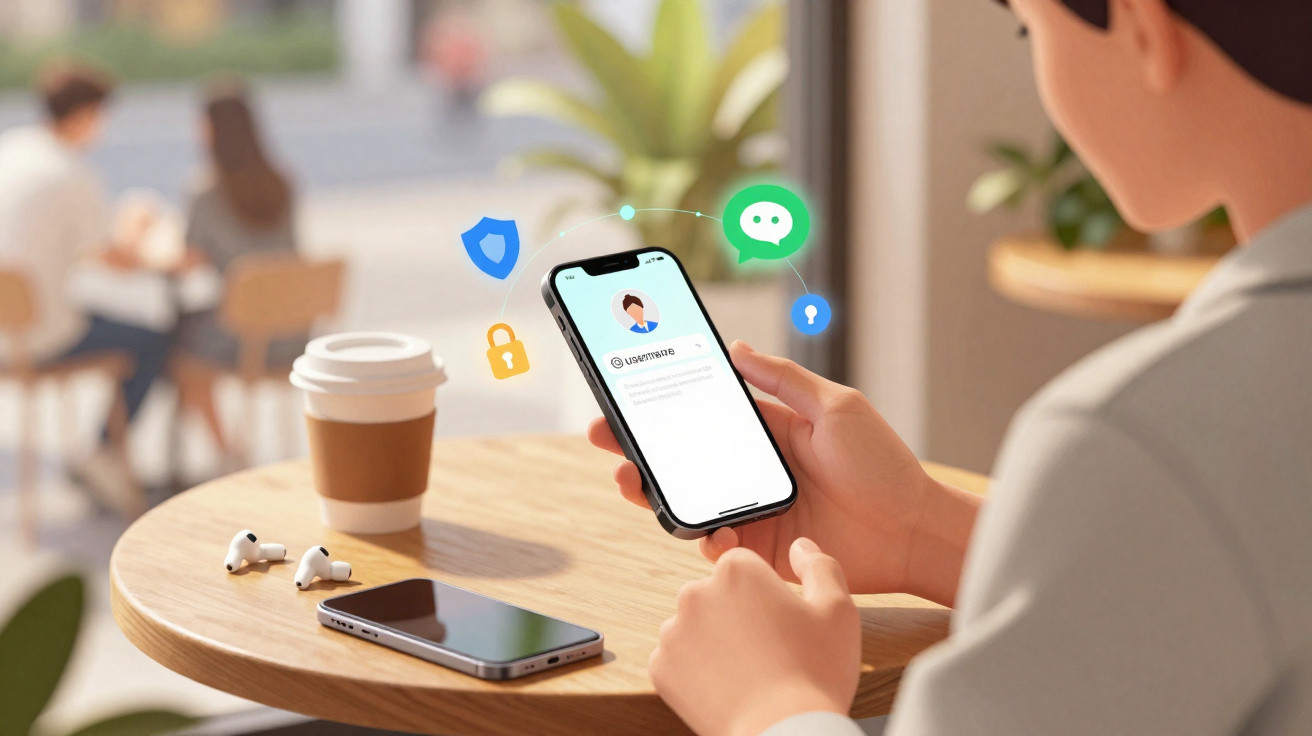Pessoa a segurar telemóvel com ecrã de login numa aplicação, com auscultadores, café e telemóvel numa mesa de madeira.