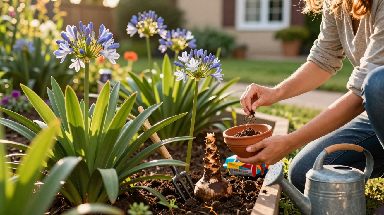 Pessoa a plantar flores num jardim com flores azuis e ferramentas de jardinagem ao amanhecer.