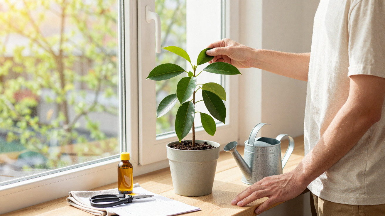 Pessoa cuidando de planta em vaso junto a janela com regador e objetos sobre mesa de madeira.