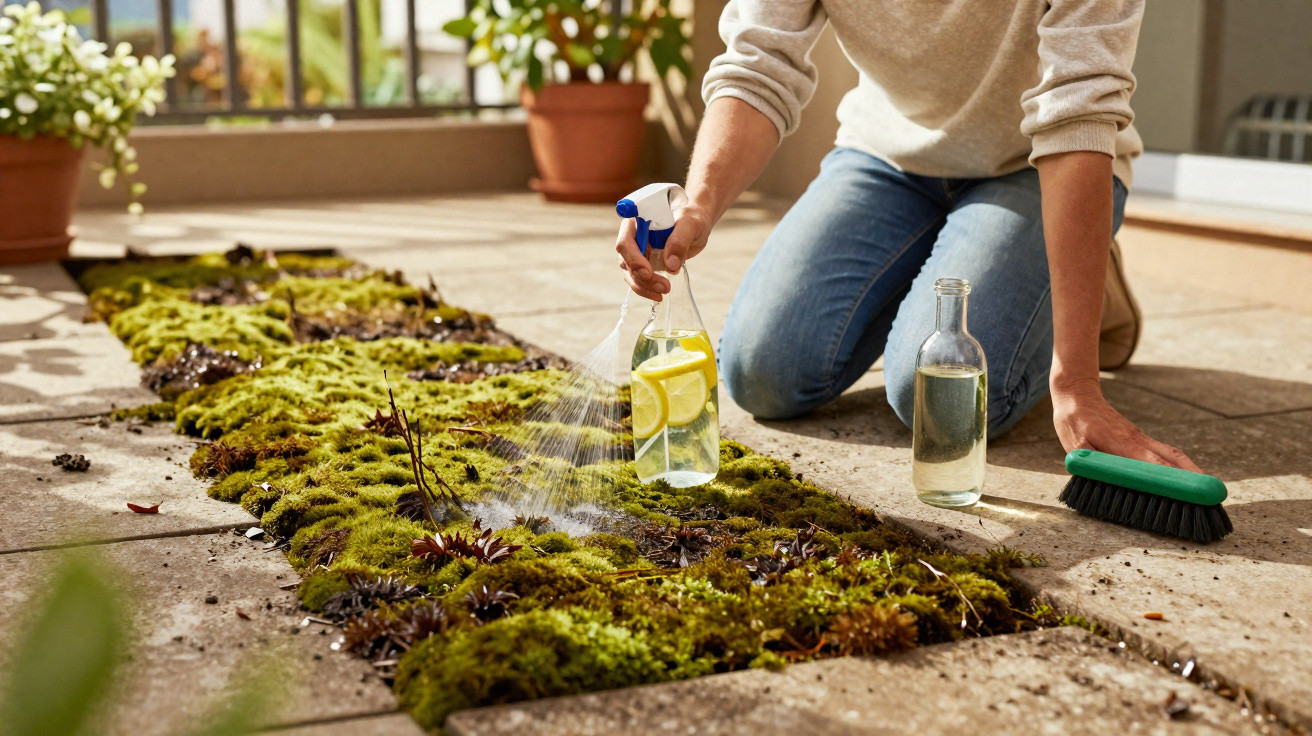 Pessoa a pulverizar plantas num jardim de musgos num terraço soalheiro, com escova e garrafa ao lado.