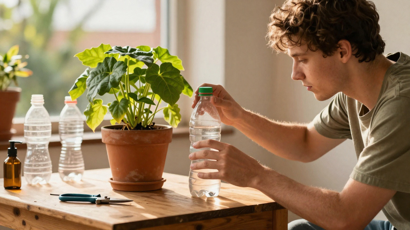Jovem com camiseta verde prepara-se para regar planta verde dentro de casa, junto a janela e ferramentas.