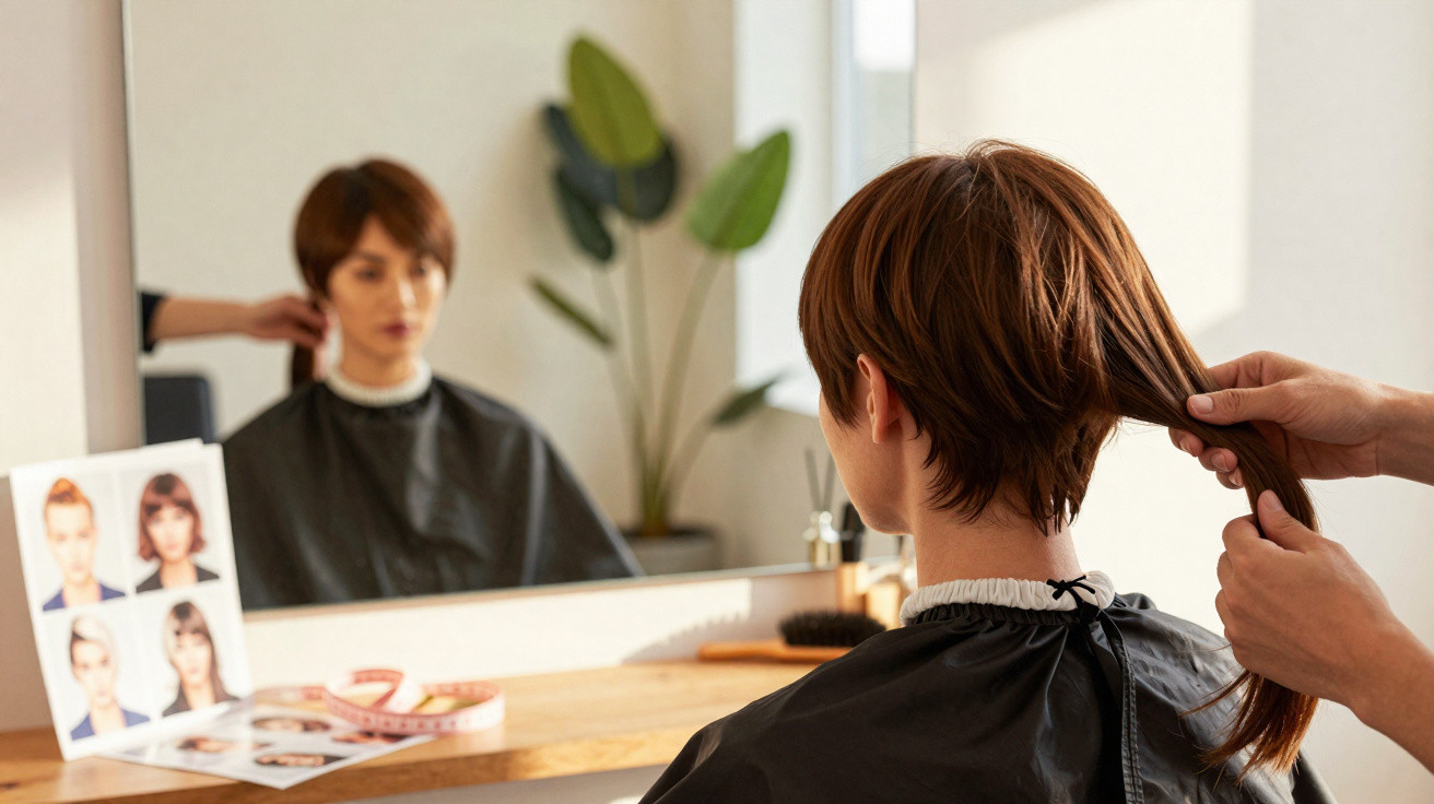 Pessoa com capa preta a escolher corte de cabelo em salão, olhando-se ao espelho com fotos de estilos na mesa.