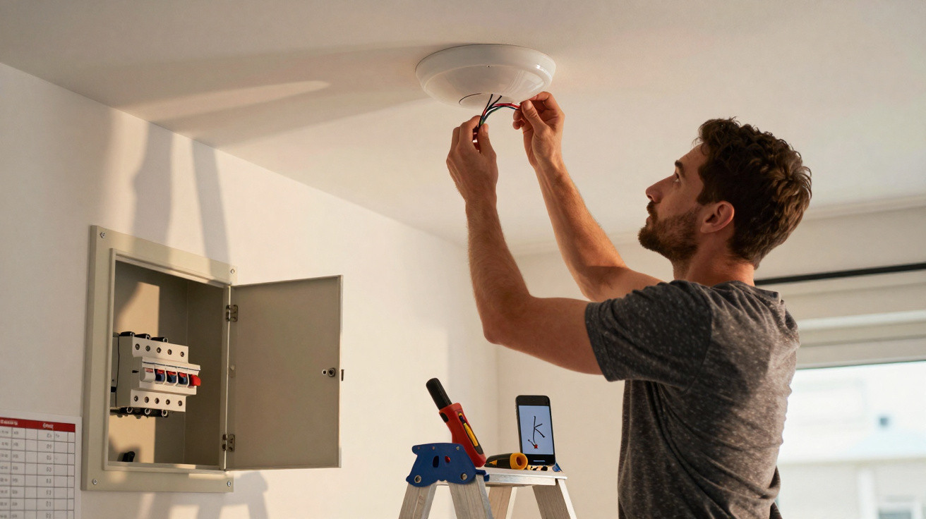 Homem a instalar ou reparar uma luminária no teto, com ferramentas numa escada e quadro elétrico aberto na parede.