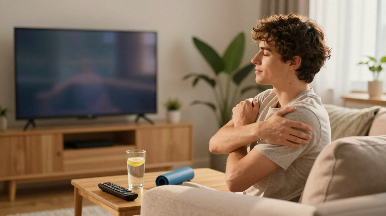Jovem sentado no sofá abraça-se a si próprio num espaço acolhedor com televisão e planta ao fundo.