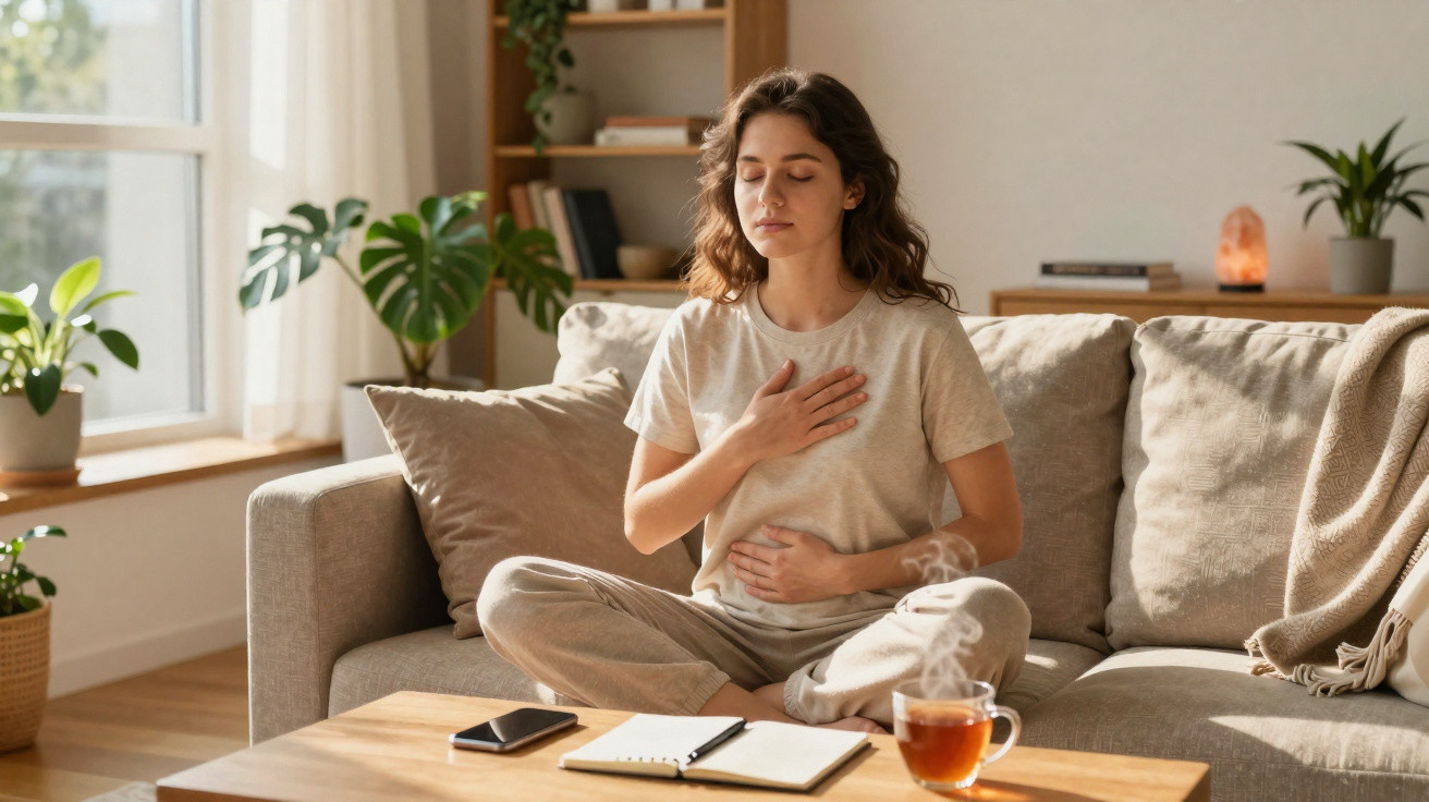 Mulher sentada de pernas cruzadas no sofá a meditar com mãos no peito e barriga, chá fumegante na mesa.