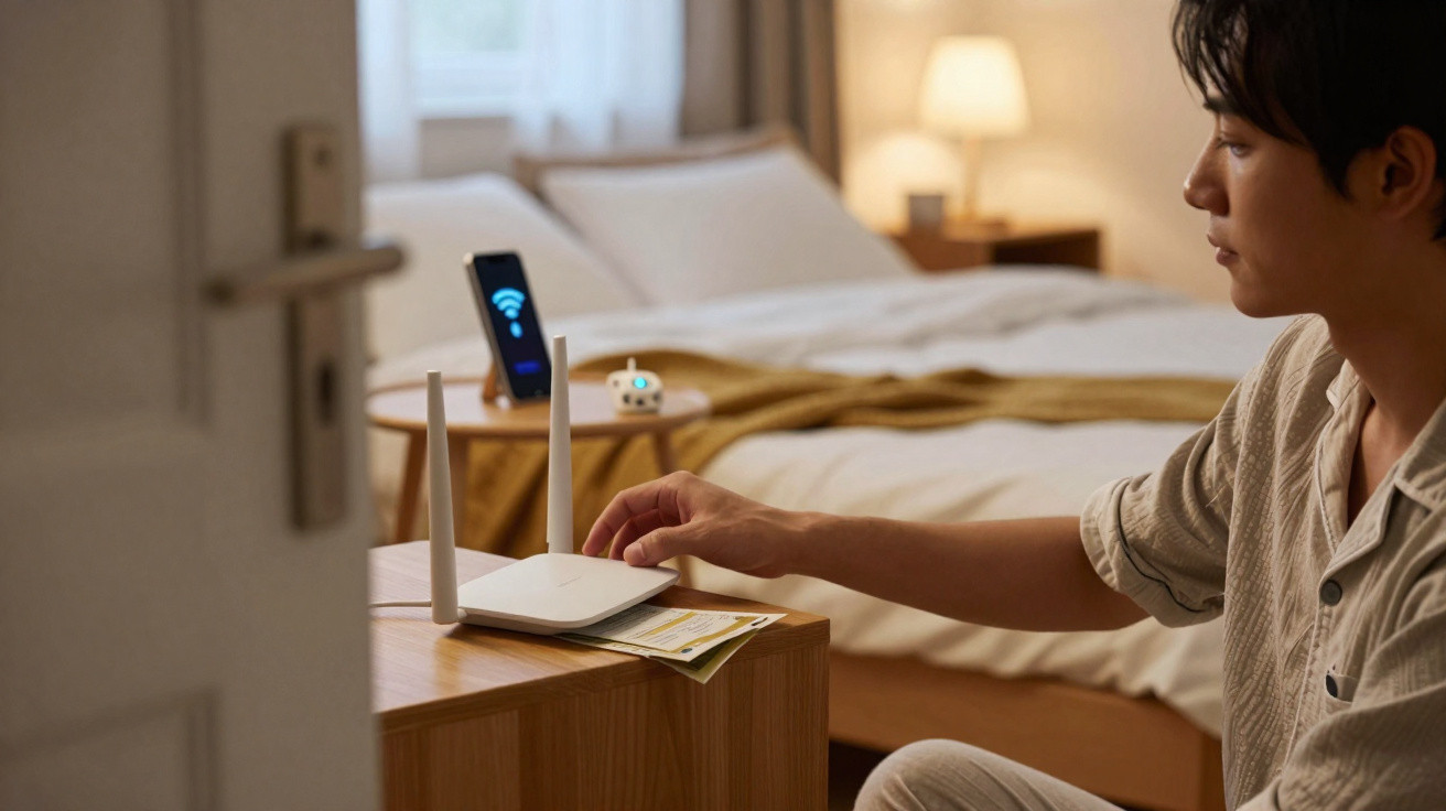 Pessoa a configurar router Wi-Fi numa mesa ao lado de uma cama num quarto iluminado.