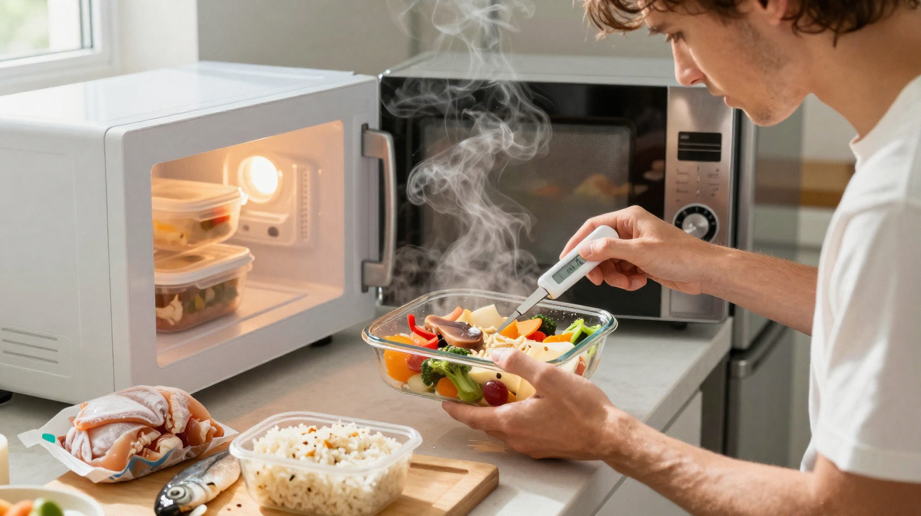 Pessoa a medir a temperatura de legumes quentes num recipiente de vidro junto ao micro-ondas.