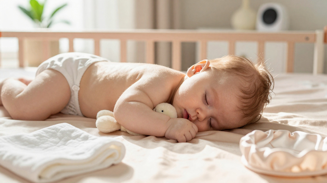 Bebé adormecido de bruços numa cama, segurando peluche, com fralda e luz suave natural.