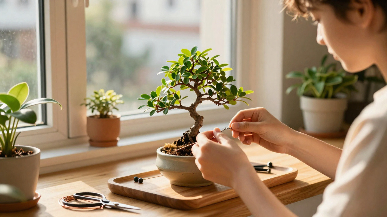 Criança cuida de bonsai numa mesa perto da janela, com luz natural e outras plantas em vasos.