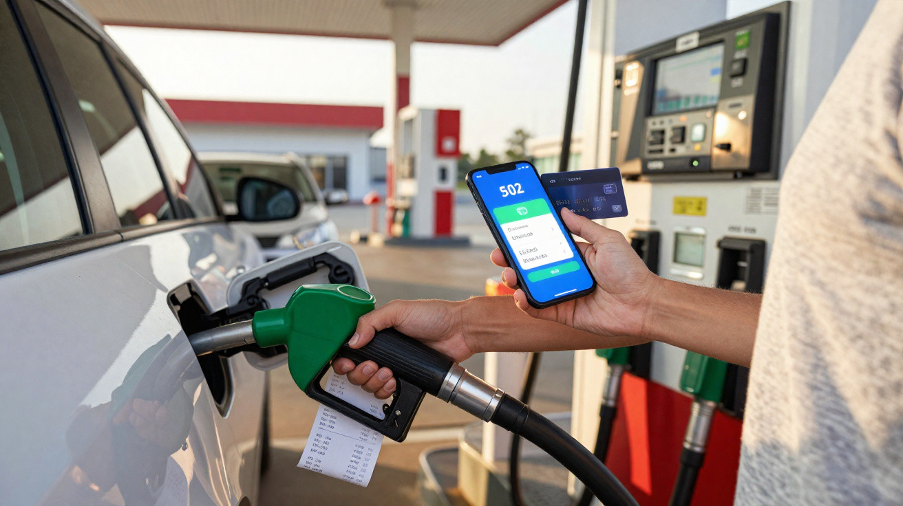 Pessoa a abastecer carro numa bomba de gasolina usando telemóvel e cartão para pagamento digital.