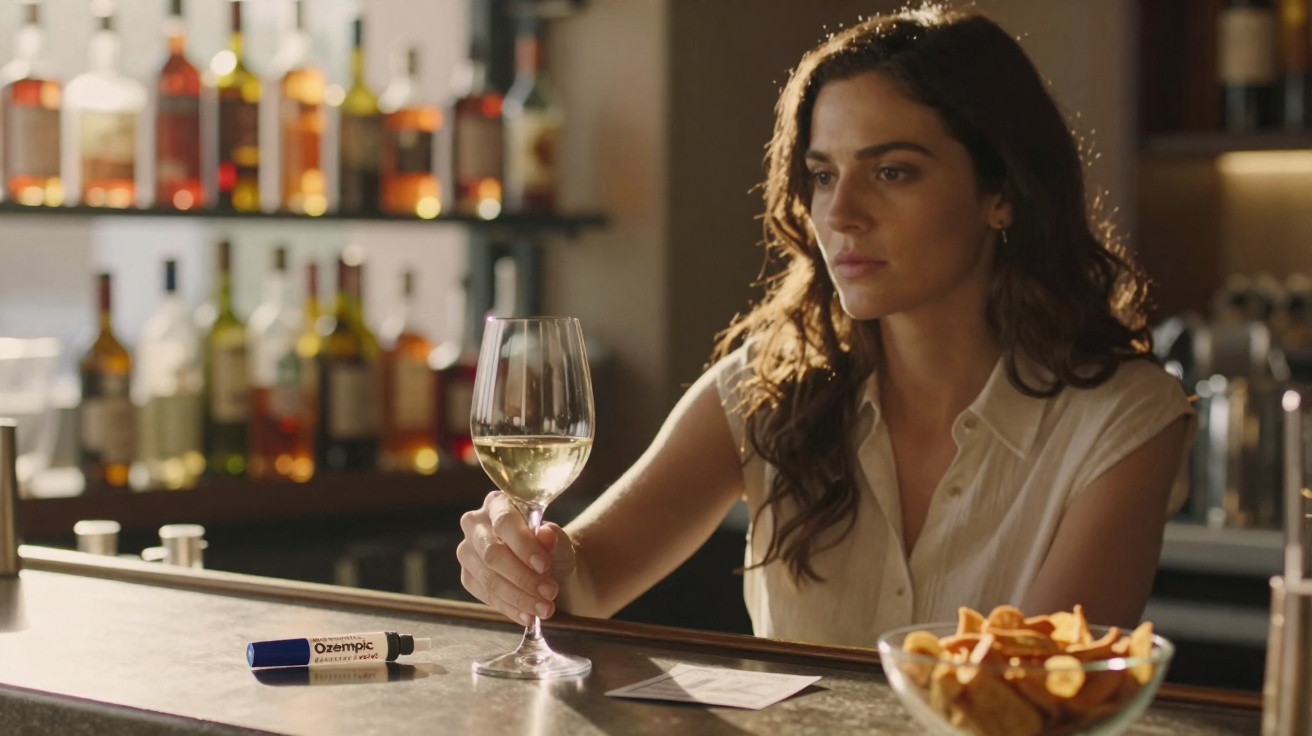 Mulher sentada num bar com copo de vinho branco na mão, olhando para a frente pensativa.