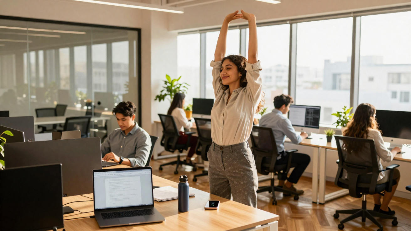 Mulher a esticar-se junto à mesa do escritório enquanto colegas trabalham nos computadores.