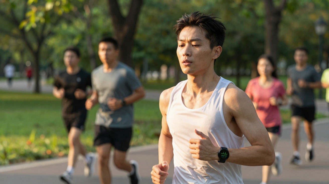 Jovem a correr num parque com várias pessoas ao fundo a praticar jogging ao fim da tarde.