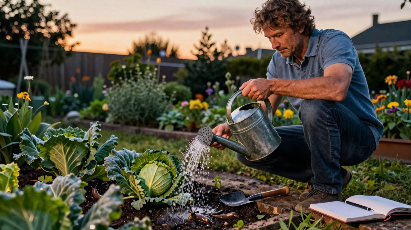 Homem a regar couves num jardim, ao pôr do sol, com ferramentas e caderno ao lado.