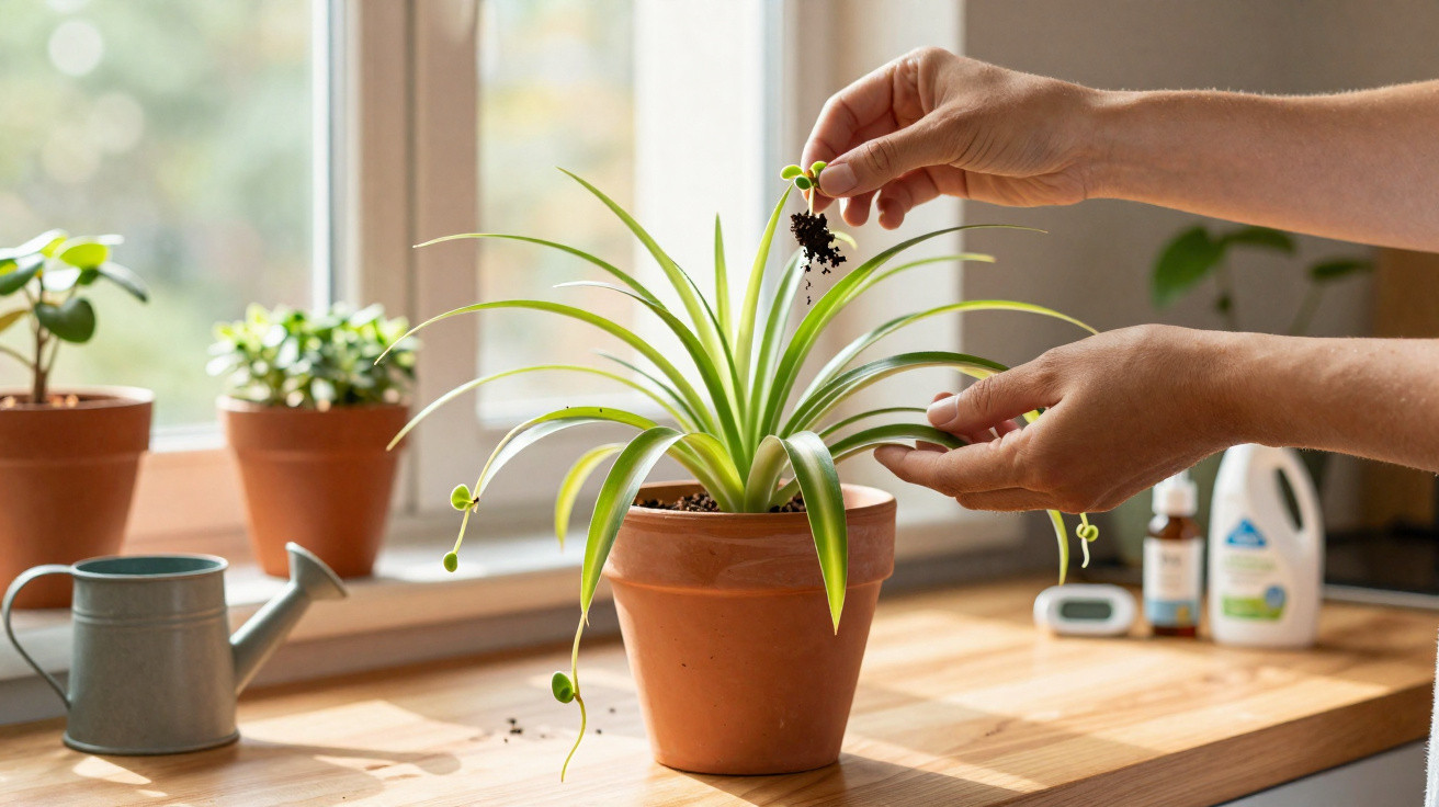Mãos a plantar uma pequena muda num vaso de barro com outras plantas e regador ao fundo numa janela.