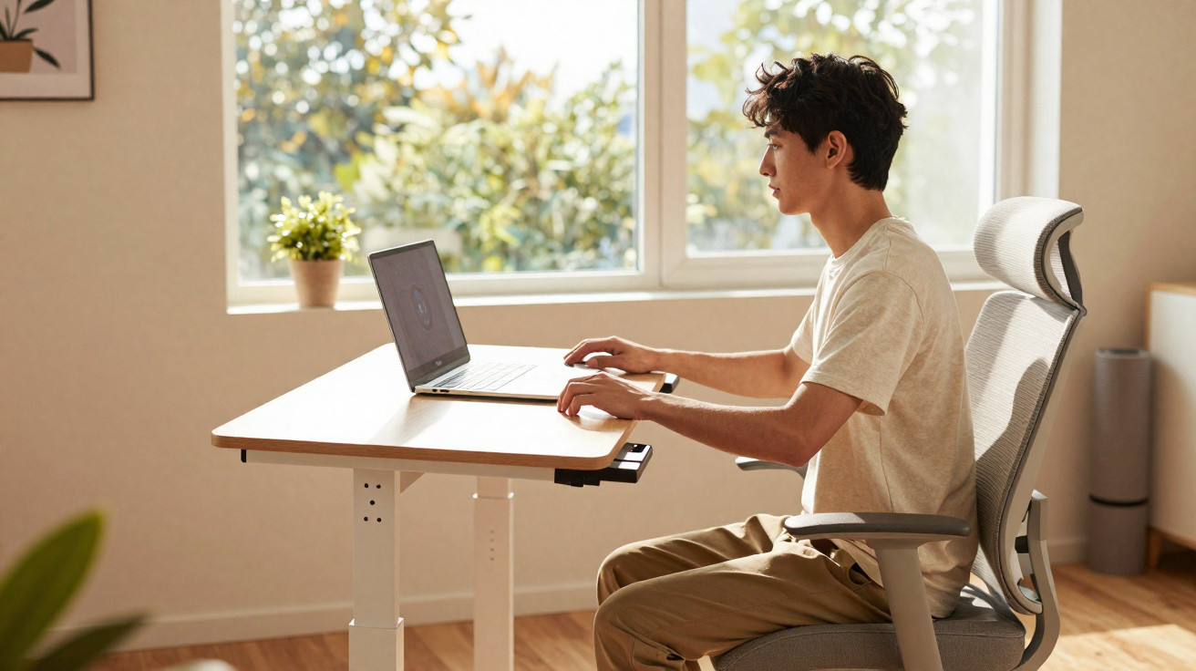 Jovem sentado numa cadeira ergonómica a trabalhar num portátil junto a uma janela luminosa.
