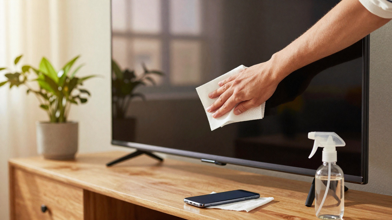Pessoa a limpar ecrã de televisão com pano branco numa sala iluminada, com planta e telemóvel na mobília.