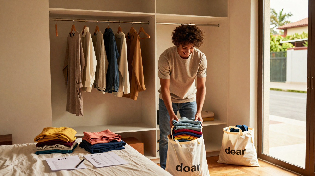 Pessoa a organizar roupas para doação em saco junto a armário aberto numa divisão iluminada pela luz natural.