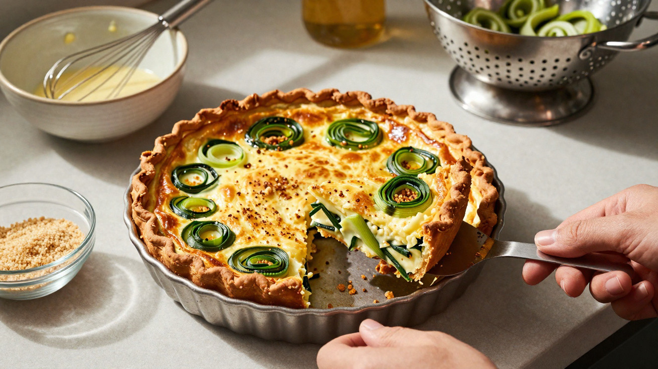 Tarte salgada com queijo e rodelas de curgete decorativas numa forma metálica, com uma fatia a ser retirada.