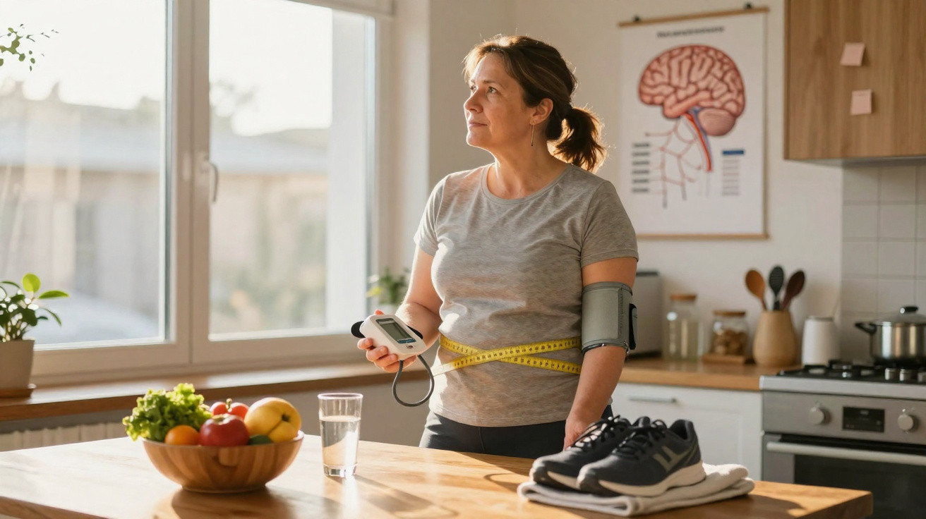 Mulher a medir a pressão arterial e a circunferência da cintura numa cozinha luminosa.