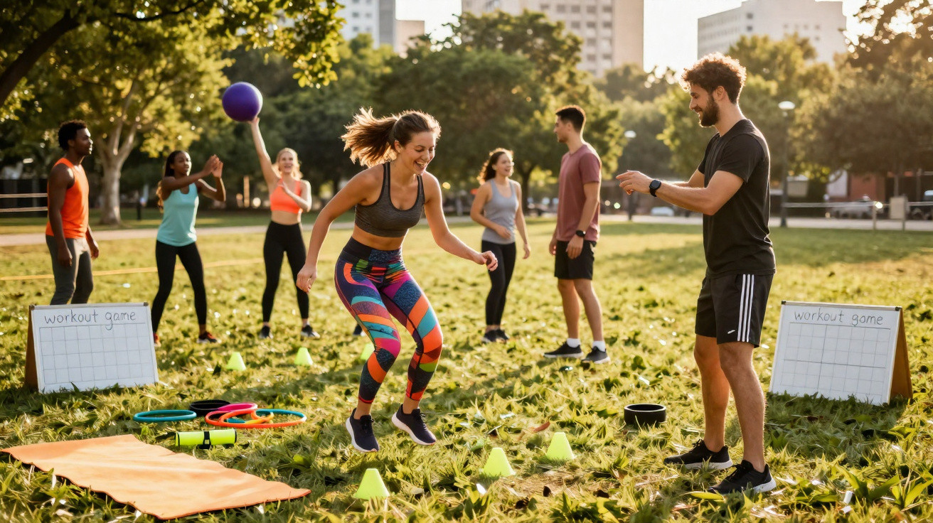 Grupo de pessoas a praticar exercícios e jogos de fitness ao ar livre num parque urbano.