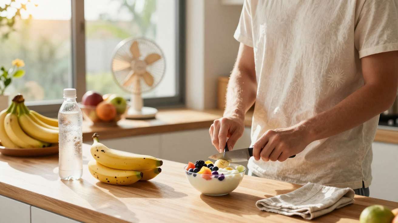 Pessoa a cortar fruta fresca para uma sobremesa numa cozinha iluminada pelo sol.