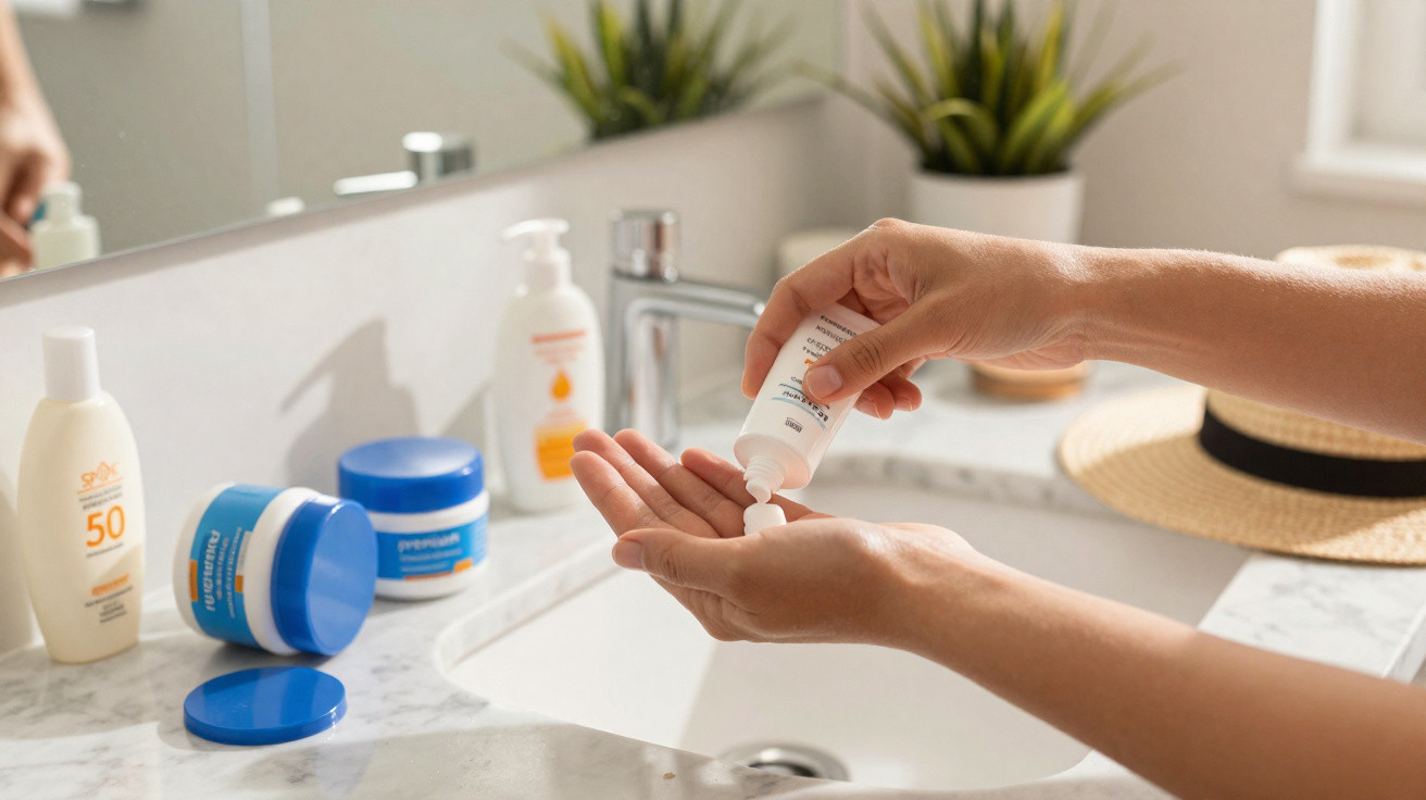 Mãos a aplicar creme hidratante junto a lavatório com vários frascos de produtos de pele e chapéu à vista.