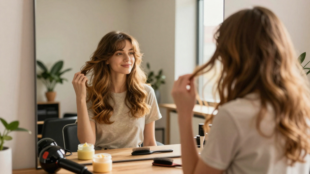 Mulher sorridente penteando o cabelo frente a um espelho numa mesa com produtos de cabelo.