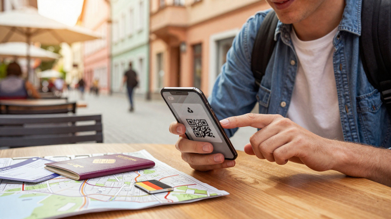 Homem sentado numa esplanada usa telemóvel com código QR, mapa, passaporte e cartão sobre a mesa.