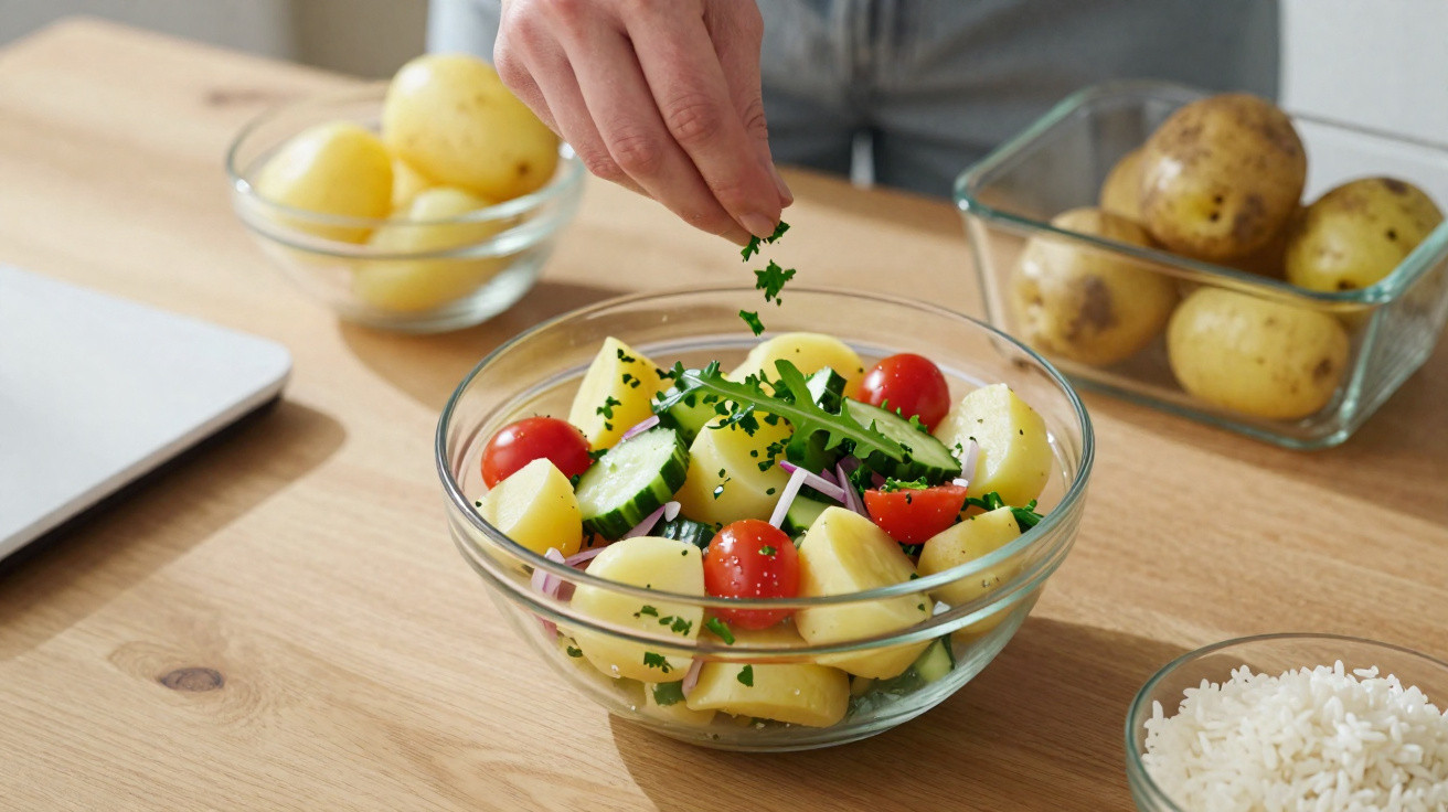 Mão a polvilhar salsa numa salada com batatas, tomate cherry, pepino e rúcula num recipiente de vidro.