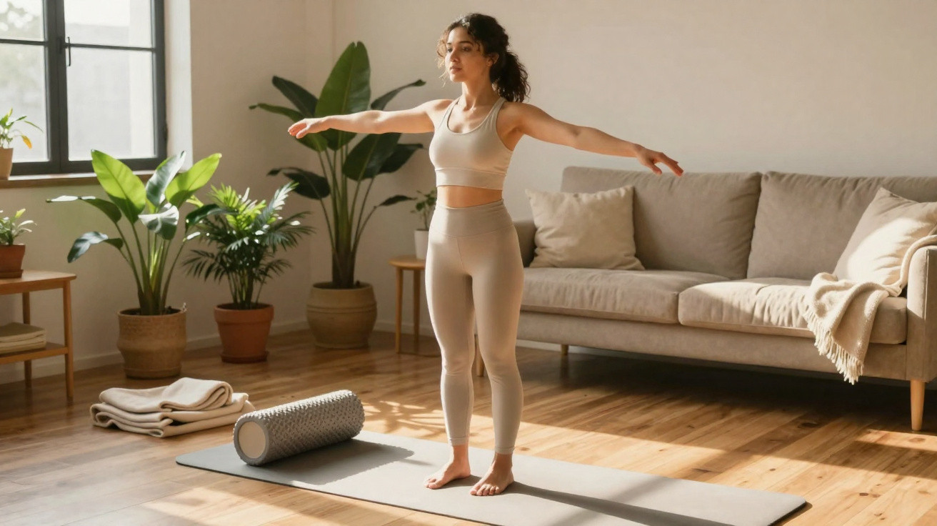 Mulher a fazer alongamento em casa, com tapete de yoga, rolo de espuma e plantas numa sala iluminada.