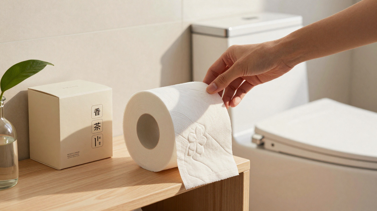 Mão a puxar papel higiénico branco, perto de sanita e caixa com caracteres asiáticos numa casa de banho.