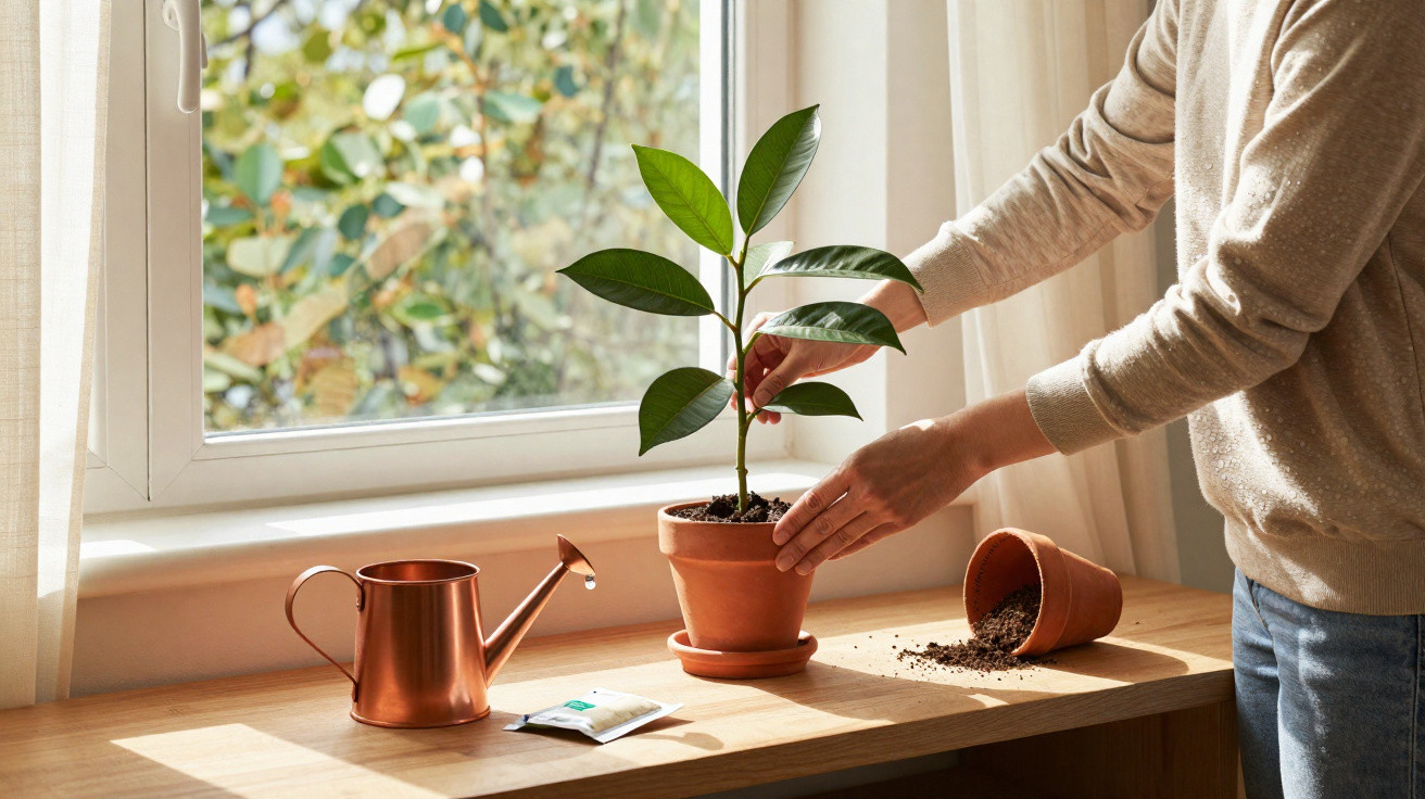 Pessoa a cuidar de planta em vaso junto a janela com regador e terra espalhada numa mesa de madeira.
