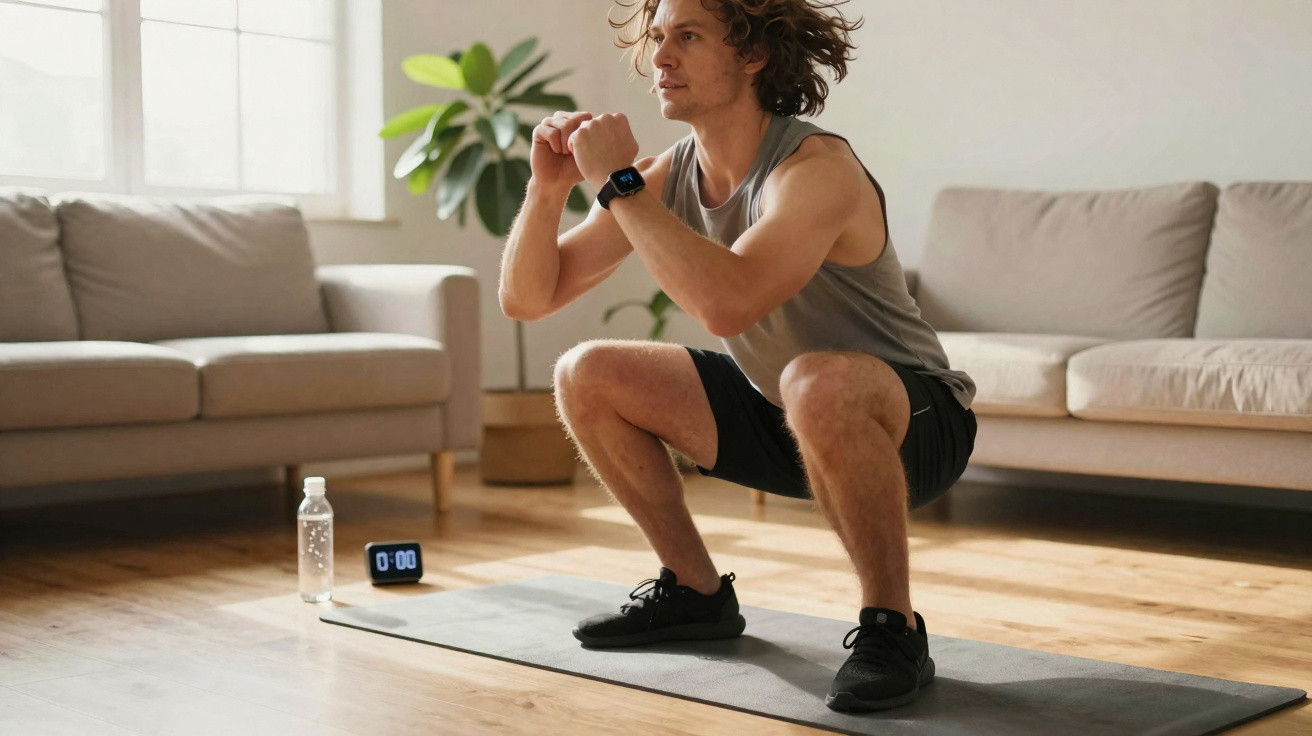 Homem a fazer agachamento num tapete de exercício numa sala de estar com relógio e garrafa de água.