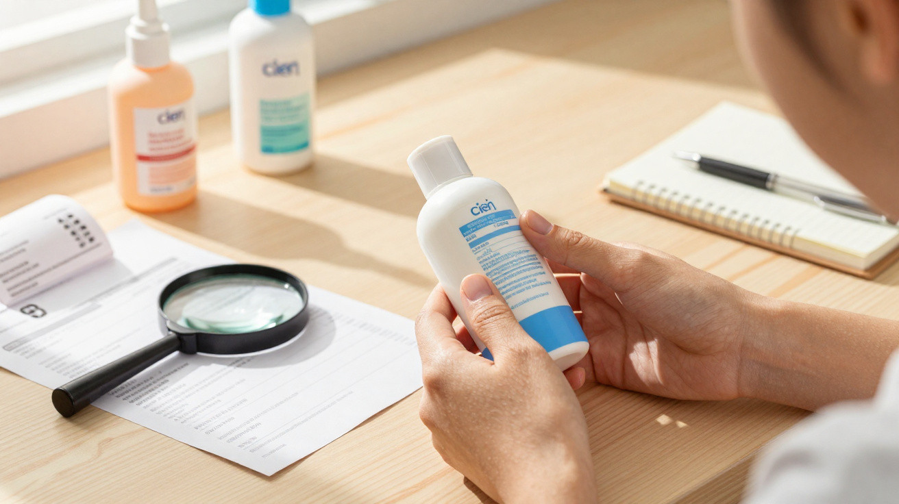 Pessoa a ler informações no rótulo de um frasco de creme da marca Cien, com lupa, bloco de notas e caneta na mesa.
