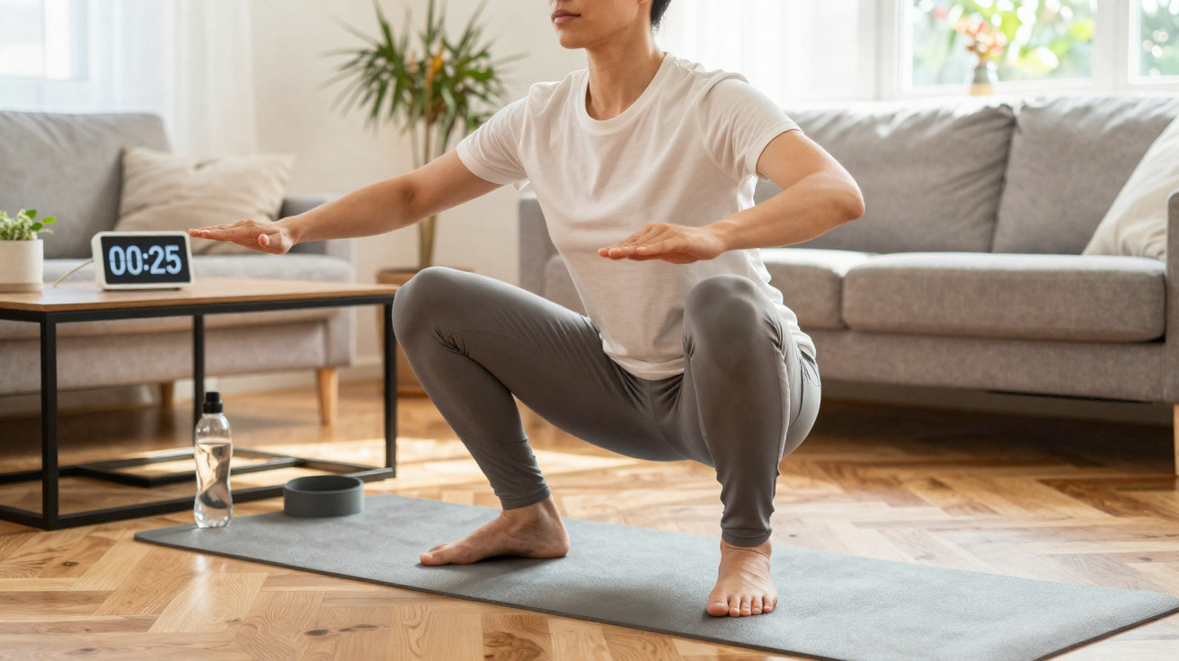 Pessoa a fazer agachamentos em tapete de yoga numa sala com sofá, planta e garrafa de água.