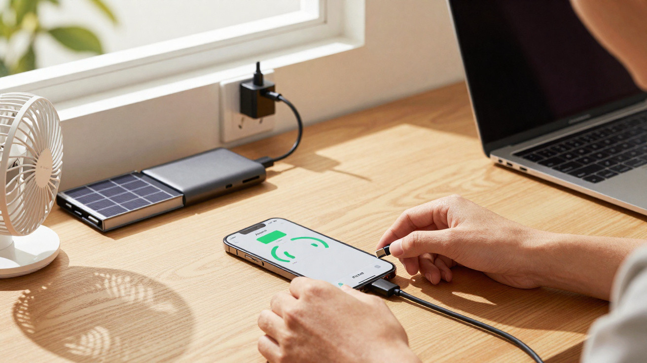 Pessoa a ligar cabo a smartphone para carregar sobre secretária com computador portátil e ventilador.