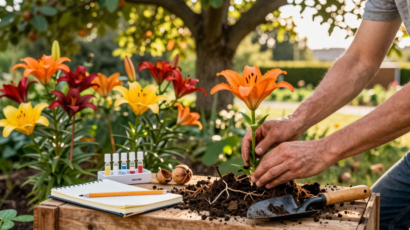 Pessoa a plantar lírio alaranjado em terra num jardim com várias flores coloridas e ferramentas de jardinagem.