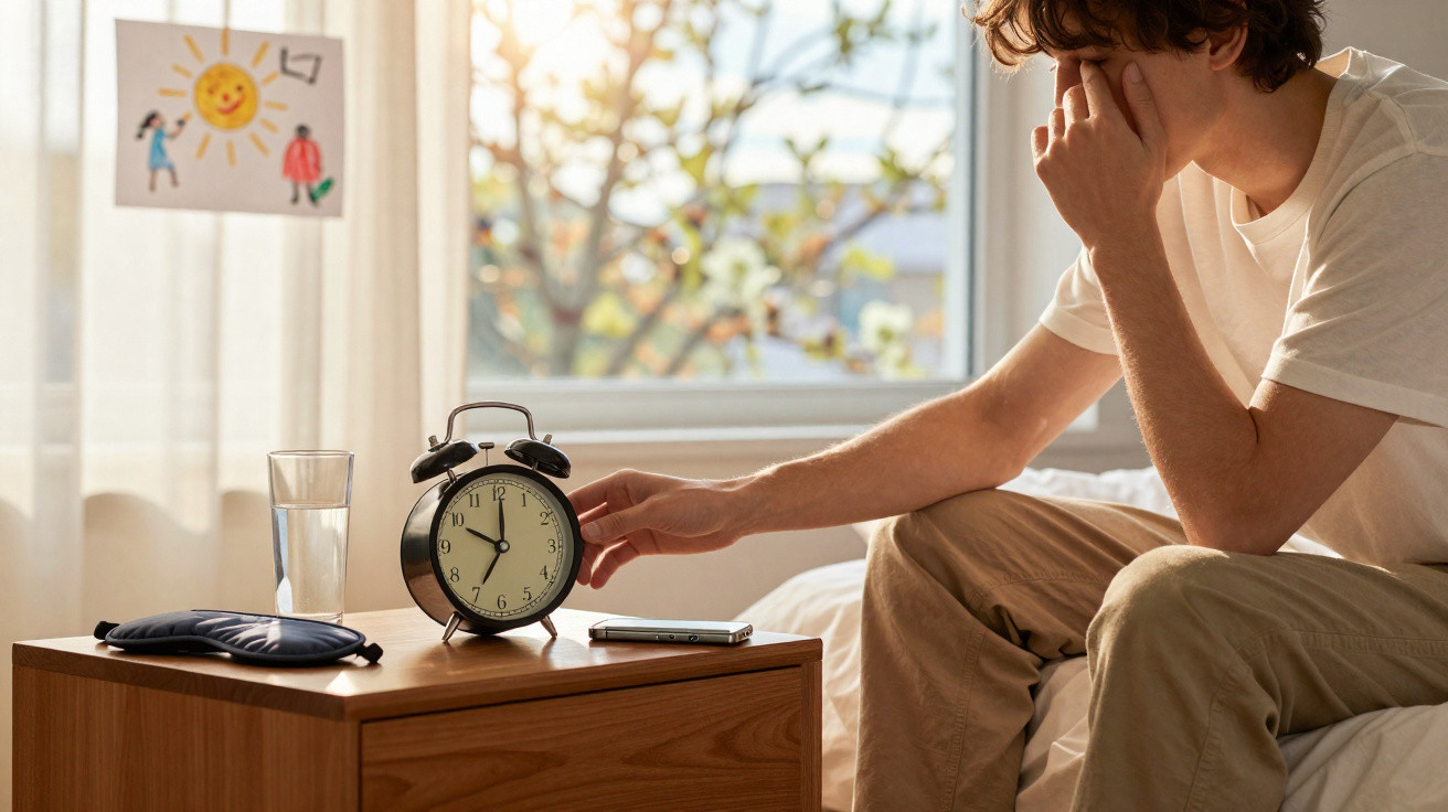 Jovem acorda cansado e apanha despertador numa mesa de cabeceira com luz suave matinal.