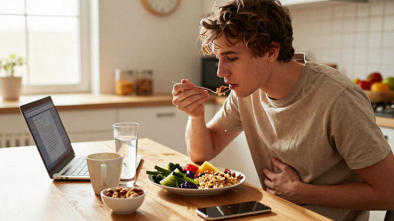 Jovem a almoçar uma refeição saudável na cozinha, com computador portátil e telemóvel sobre a mesa.