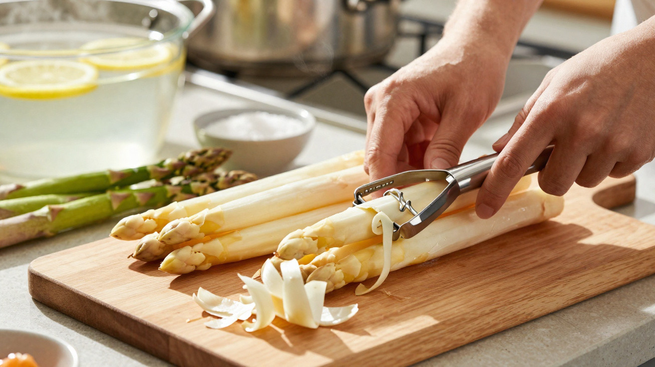 Mãos a descascar espargos brancos numa tábua de cozinha com espargos verdes ao fundo.