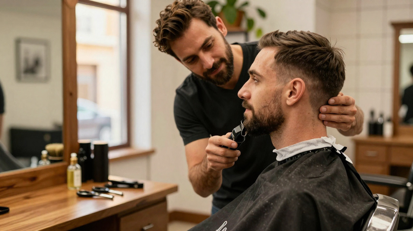 Barbeiro aparando a barba de um cliente sentado numa cadeira de cabeleireiro.