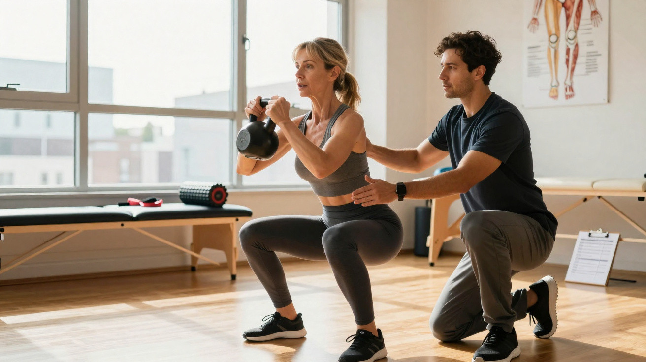 Mulher a fazer agachamento com kettlebell, assistida por treinador masculino, numa sala de fisioterapia.