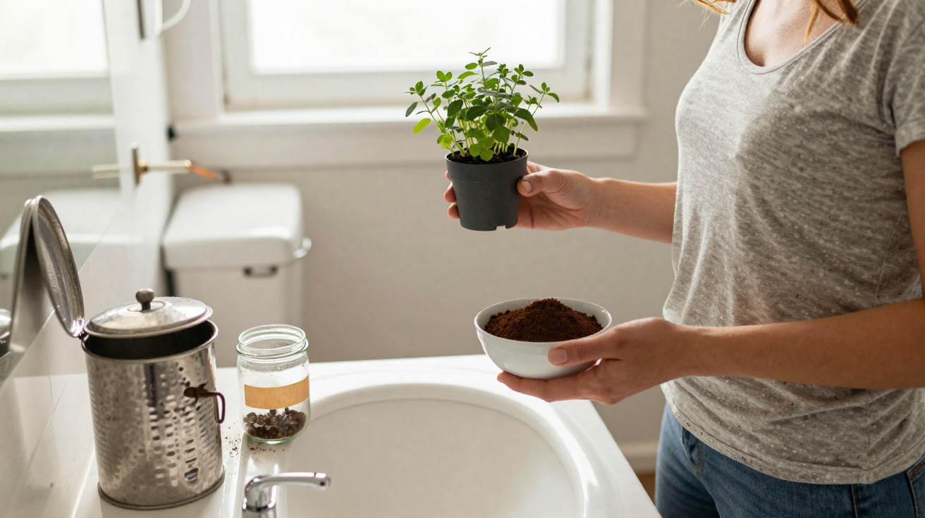 Pessoa a preparar planta em vaso com terra num ambiente claro junto a uma pia branca.
