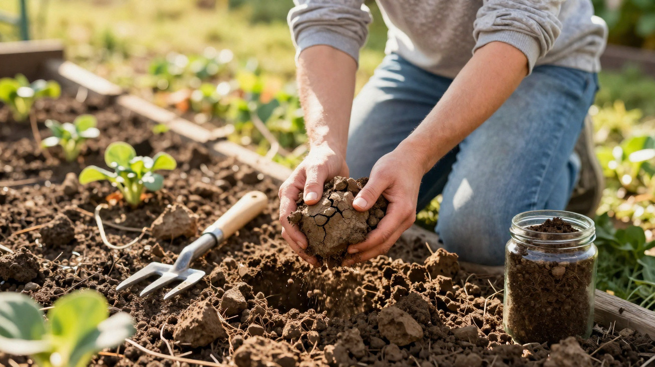 Pessoa a preparar o solo para plantar numa horta, com enxada e frasco com terra ao lado.
