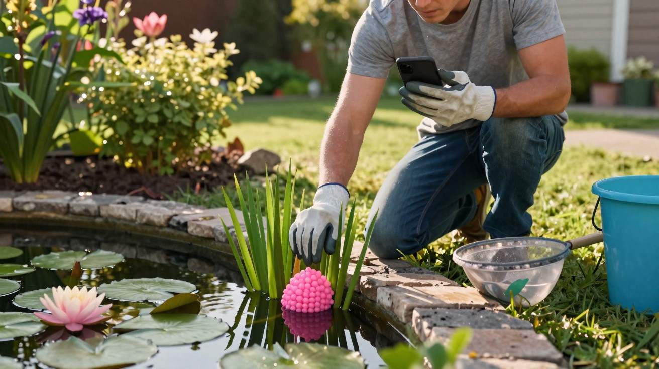 Homem com luvas a colocar dispositivo rosa na lagoa de jardim com flores e plantas aquáticas.