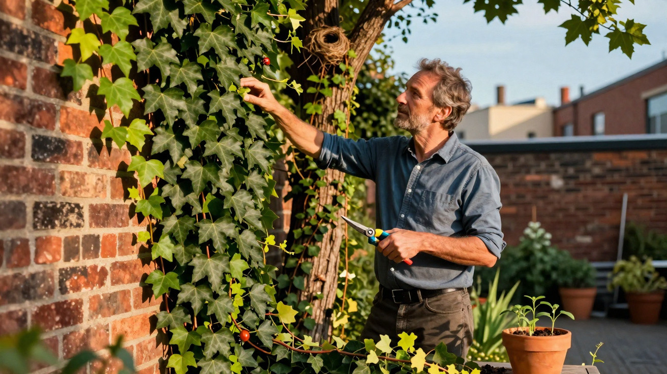 Homem em jardim urbano podando plantas trepadeiras junto a parede de tijolo sob luz do sol.